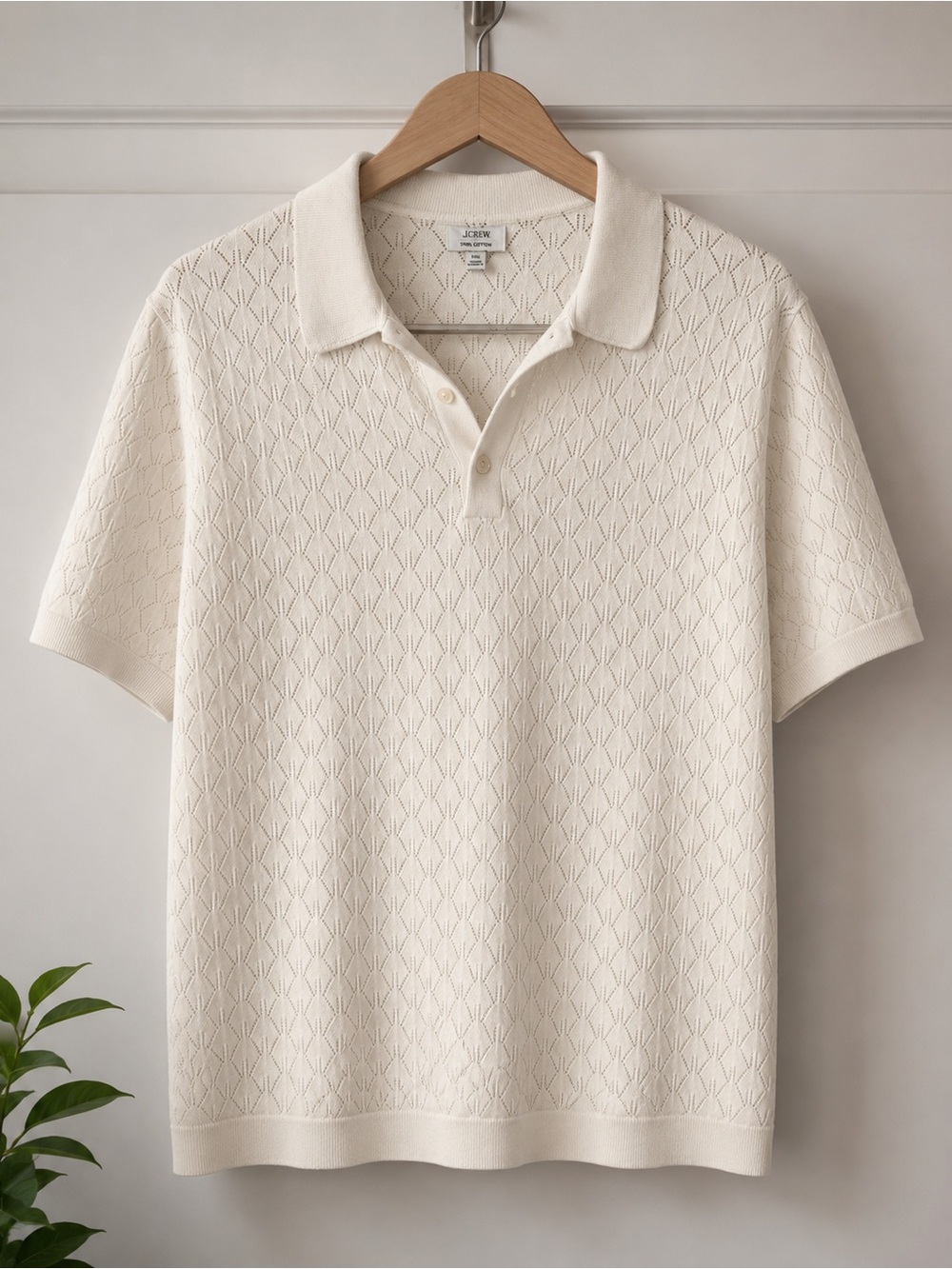 J.Crew Men’s XXL 100% Cotton Pointelle Knit Polo Shirt Ivory Short Sleeve